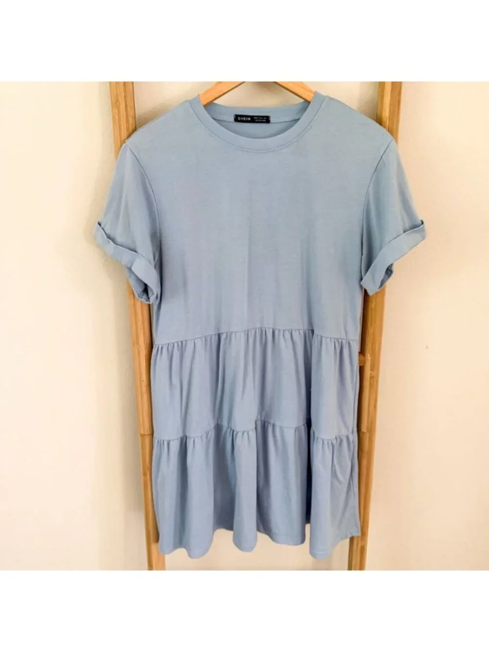 SHEIN Light Blue Rolled Cuff Short Sleeve Tiered Babydoll Mini Dress Size Small